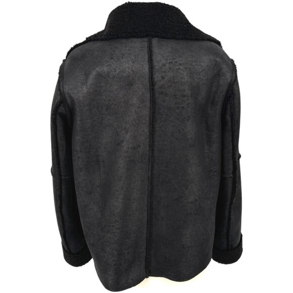 Velvet Faux Suede Sherpa Jacket Notch Collar Black Size Large - Picture 6 of 12
